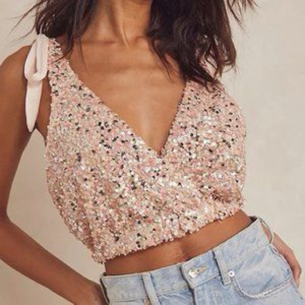 NEW Free People Intimately Big Night Sequins Bow Tie Shoulder Crop Top Neutral S